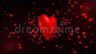 三维动画的巨大浪漫红心越来越大，爆发出小红心模式。 摘要心脏背景片